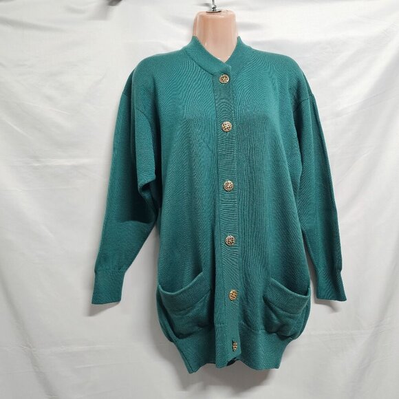 l. Magnin by Ballantyne Button Up Cardigan Sweater Women Size M Green Pure Wool - Picture 1 of 14